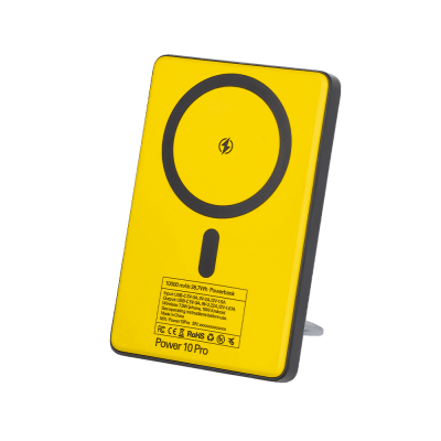 WakaWaka Power Pro gelbe Rückseite mit schwarzem Ladering, aufrecht auf dem ausklappbaren Ständer