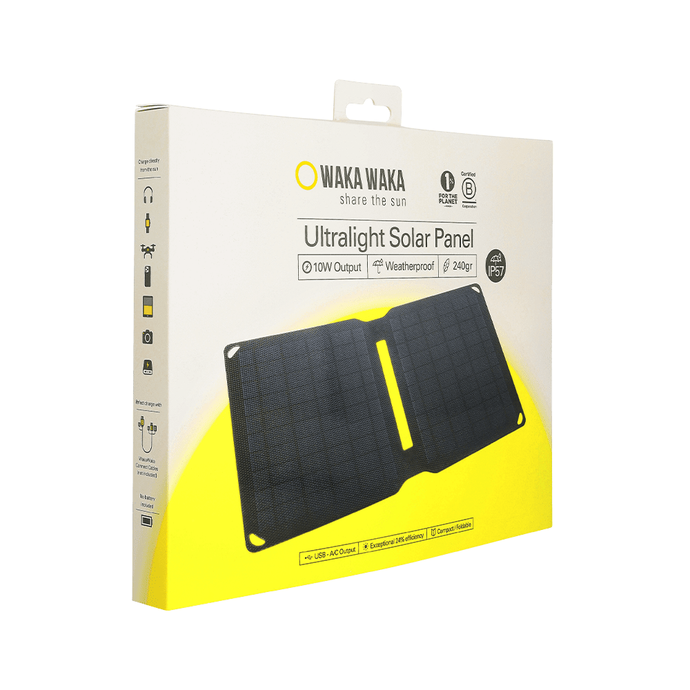WakaWaka Solar 10 tragbares Solarpanel in der Verpackung mit der Aufschrift Ultralight Solar Panel