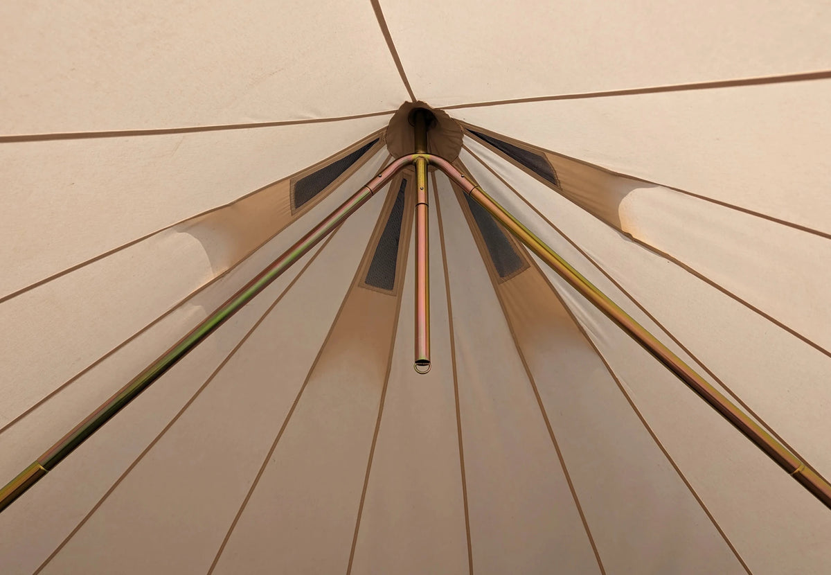 CanvasCamp DuoPod von unten gesehen, zwei schräge Stangen, die oben im Glockenzelt zusammenlaufen