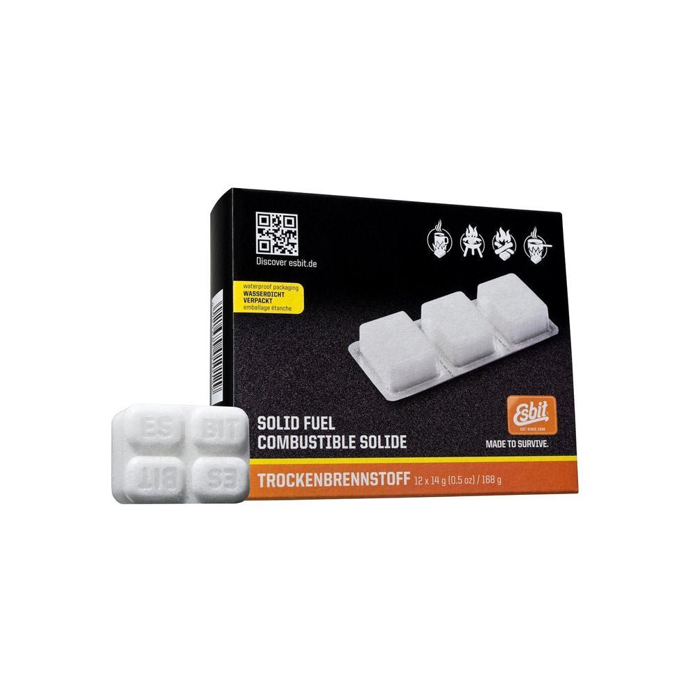 Esbit Brennstofftabletten 12x14g in einer schwarzen Schachtel mit losen weißen Tabletten davor