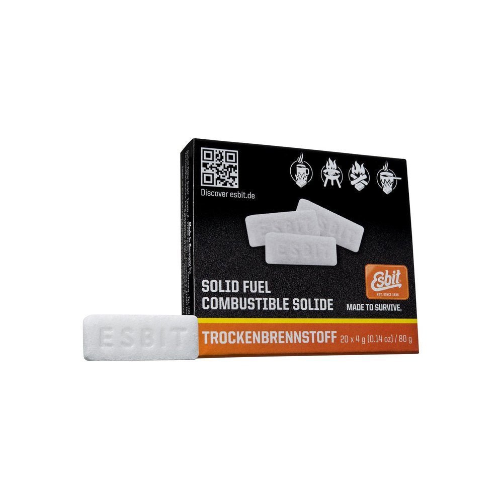 Esbit Brennstofftabletten 20x4g in einer schwarzen Schachtel mit einem losen weißen Stäbchen davor
