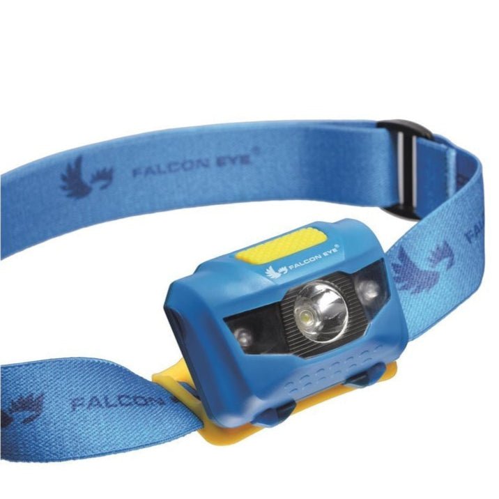 Falcon Eye FHL0011 von vorne mit der Linse, blaues Kopfband mit dem Falcon Eye Logo