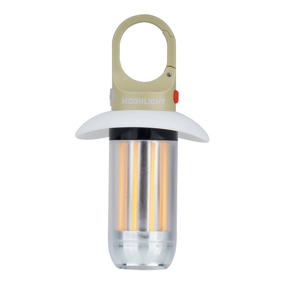 Falcon Eye Moonlight Campinglampe mit Karabinerhaken, weißem Lampenschirm und orange leuchtenden LED-Streifen
