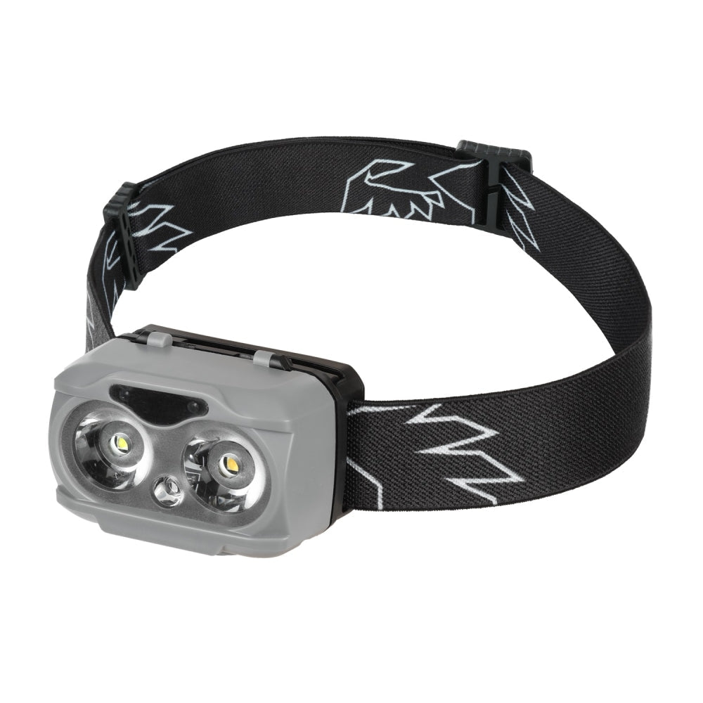 Falcon Eye Quest Stirnlampe, grau mit zwei Leuchten und schwarzem Kopfband mit weißem Aufdruck