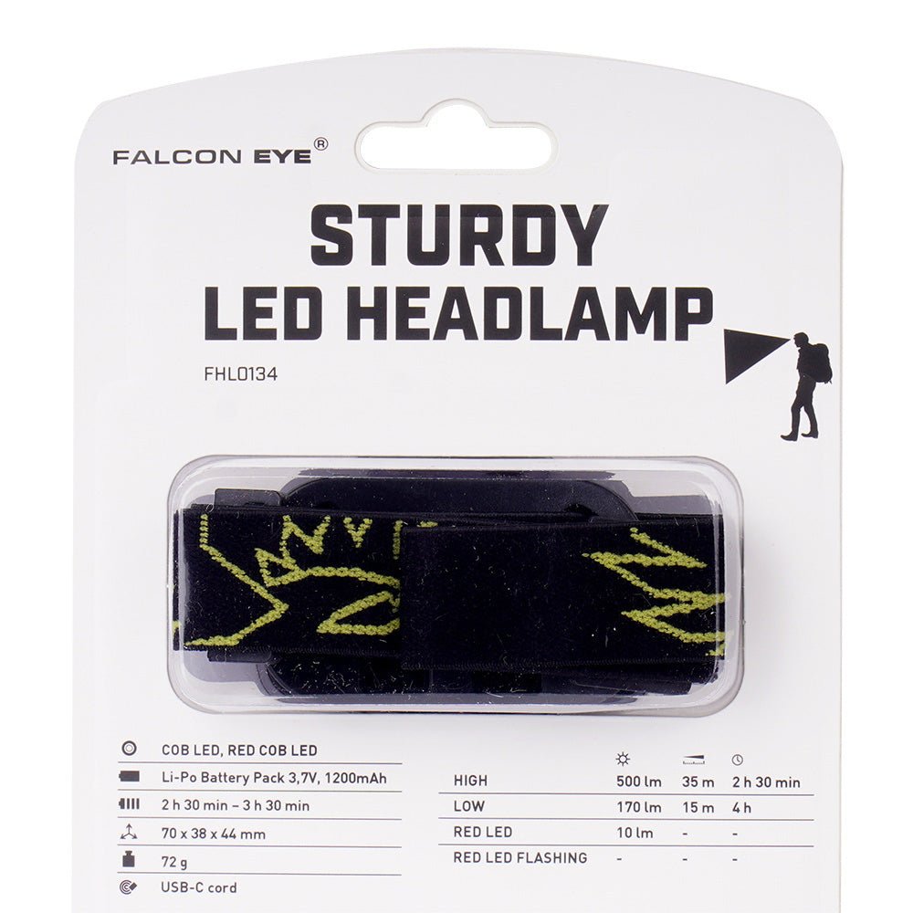 Falcon Eye Sturdy Verpackung mit dem Kopfband und einer Tabelle der Leuchtstärken