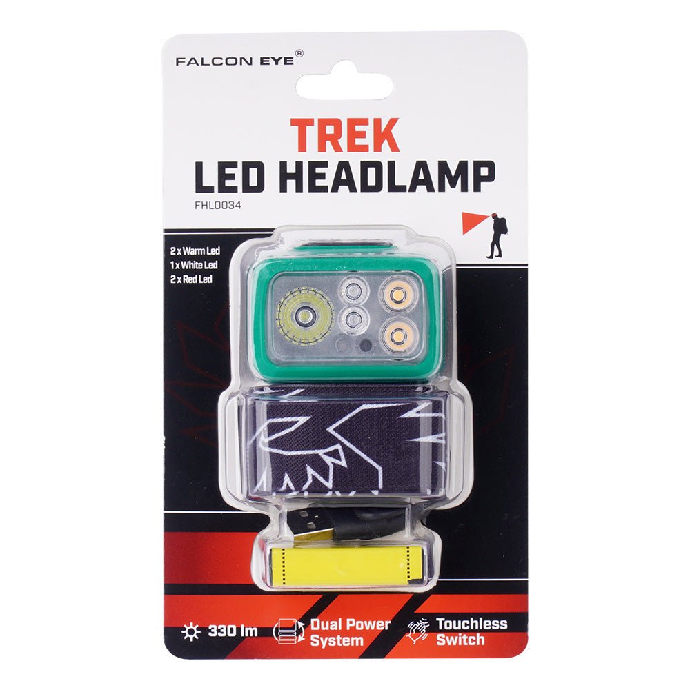 Falcon Eye Trek Stirnlampe in Blisterverpackung mit grüner Lampe und aufgerolltem Kopfband
