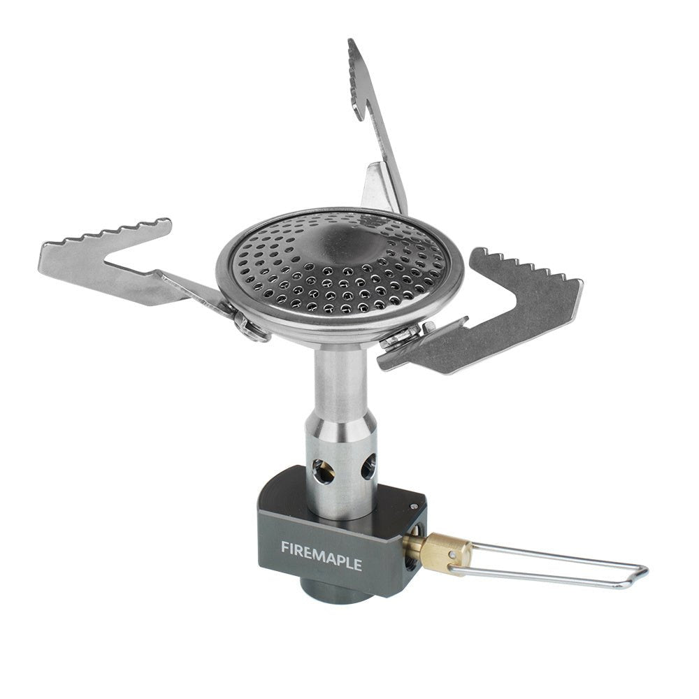 Fire Maple Buzz Gaskocher mit drei ausgeklappten Topfauflagen und rundem perforiertem Brenner
