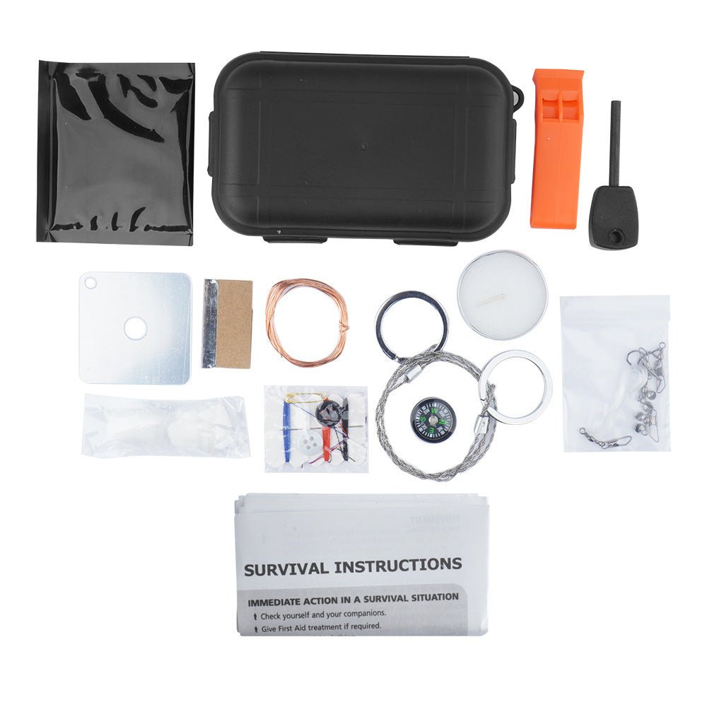 Fosco Combat Survival Kit ausgelegt mit Box, Pfeife, Feuerstarter, Kompass, Drahtsäge und Anleitung