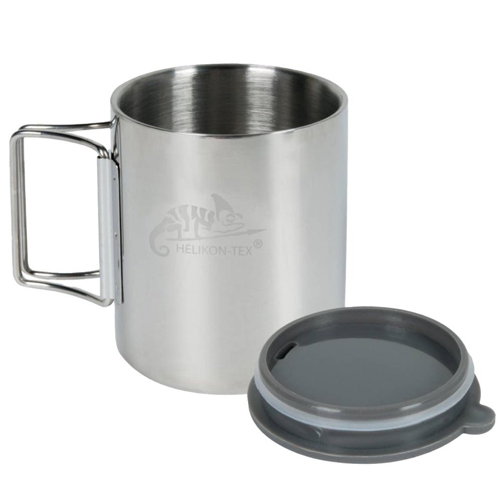Helikon Thermo Cup 250 ml, Metallbecher mit einklappbarem Drahtgriff und grauem Deckel