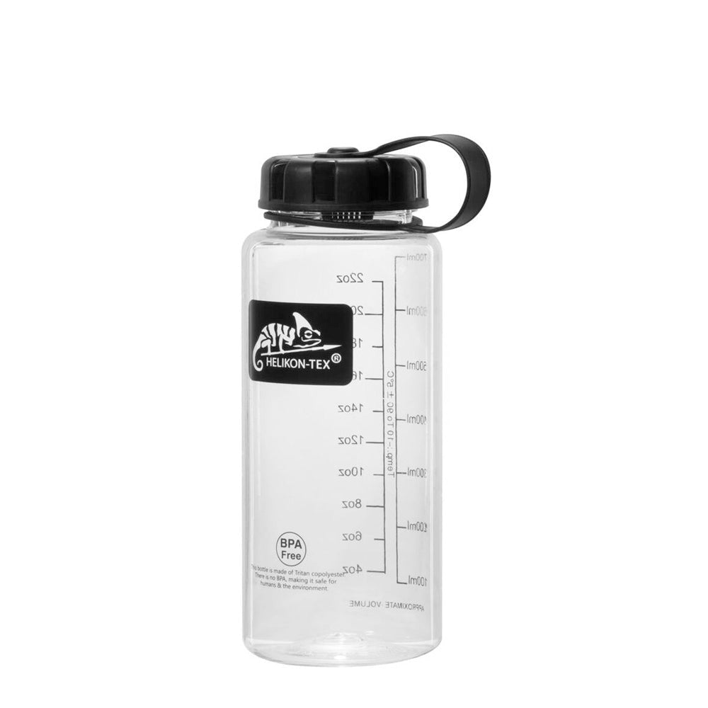 Helikon Tourist Trinkflasche in höherer Ausführung mit Maßeinteilung, Logo und schwarzem Schraubdeckel