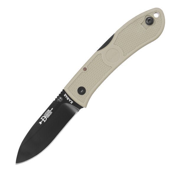 Ka-Bar Dozier Klappmesser mit sandfarbenem Griff und schwarzer Klinge, aufgeklappt