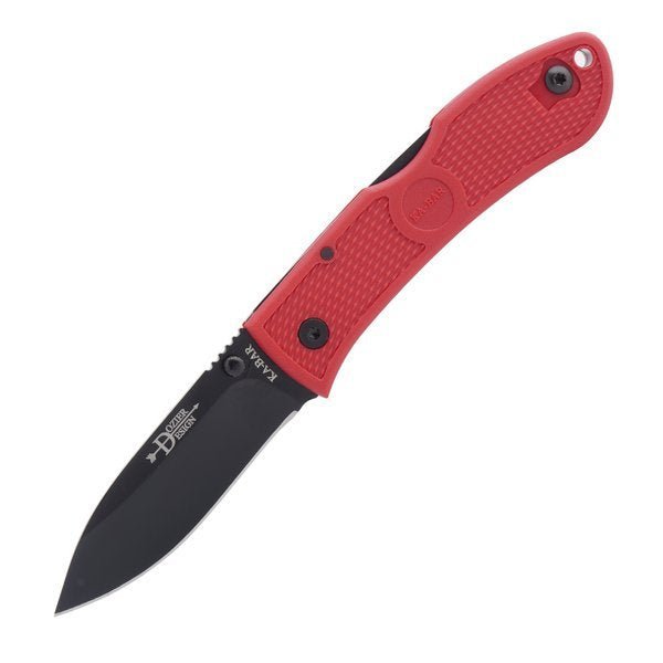 Ka-Bar Dozier Klappmesser mit rotem Griff und schwarzer Klinge, aufgeklappt