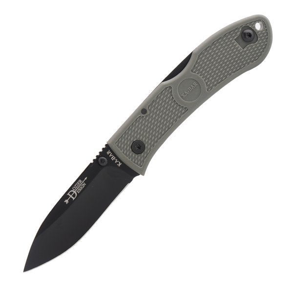 Ka-Bar Dozier Klappmesser mit graugrünem Griff und schwarzer Klinge, aufgeklappt