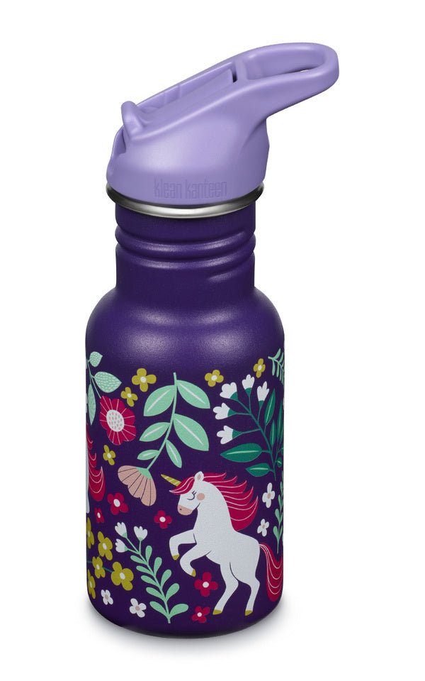 Klean Kanteen Kid Classic 355 ml Kindertrinkflasche in Violett mit Einhorn, Blumen und fliederfarbenem Sportdeckel