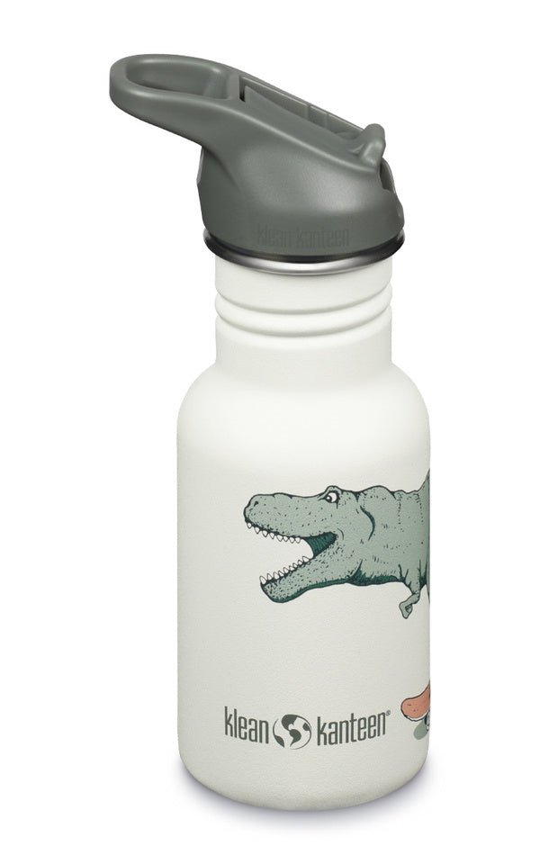 Klean Kanteen Kid Classic Trinkflasche in Weiß mit Dinosaurier-Print und grauem Sportdeckel
