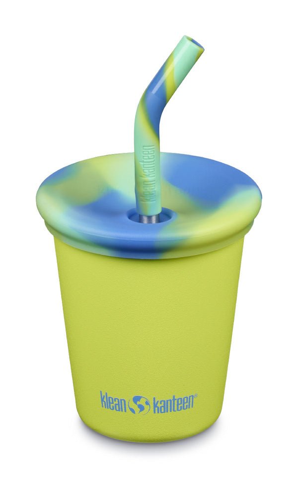 Klean Kanteen Kid Cup Kinderbecher in Gelb mit marmoriertem blaugrünem Deckel und Strohhalm