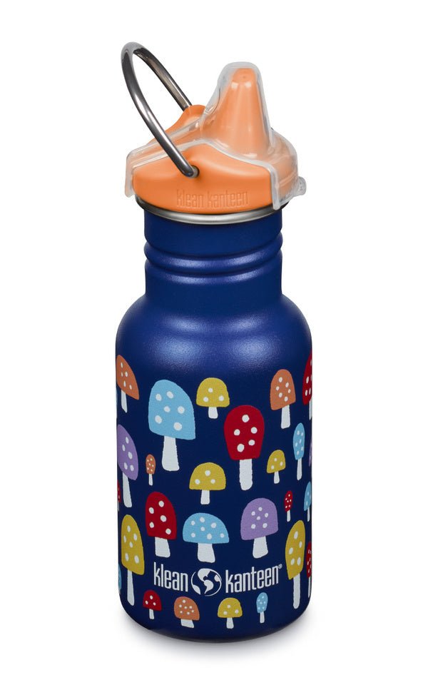 Klean Kanteen Kid Kanteen in Dunkelblau mit bunten Pilzen und orangefarbenem Trinkschnabel