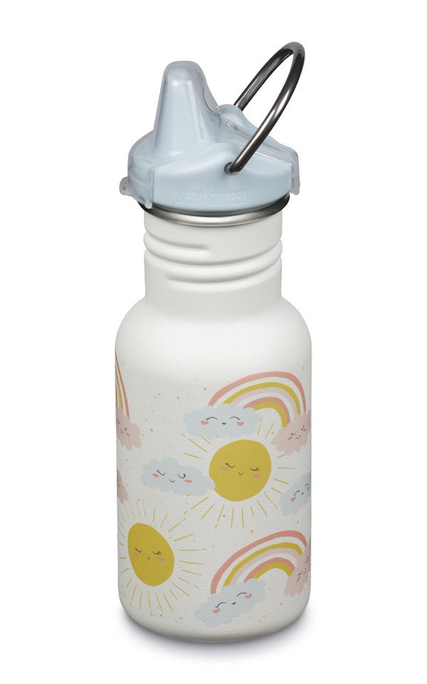 Klean Kanteen Kid Kanteen in Weiß mit Sonnen und Regenbögen, hellblauer Trinkschnabel
