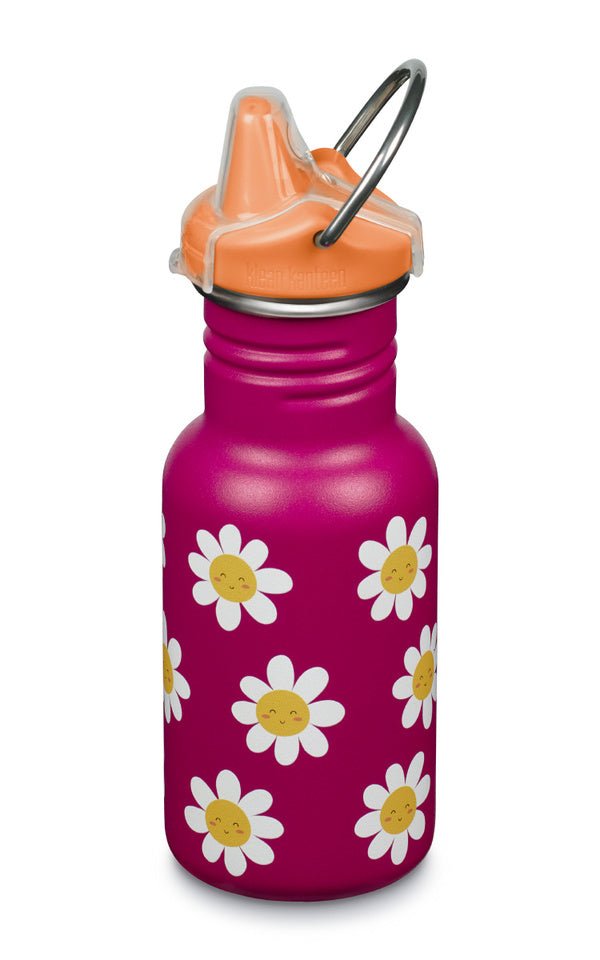 Klean Kanteen Kid Kanteen Sippy Cap Trinkflasche in Fuchsia mit Gänseblümchen und orangefarbenem Trinkschnabel