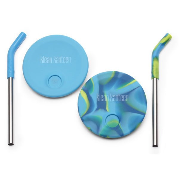 Klean Kanteen Sippy Lid 2er-Pack, zwei blaue Deckel mit Metallstrohhalm und Silikonschnabel