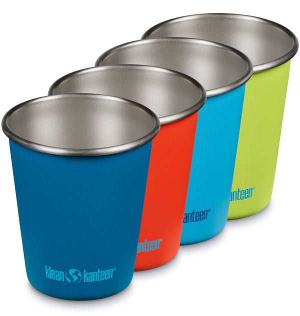 Klean Kanteen Steel Cup, vier Becher in Blau, Orange, Hellblau und Limettengrün