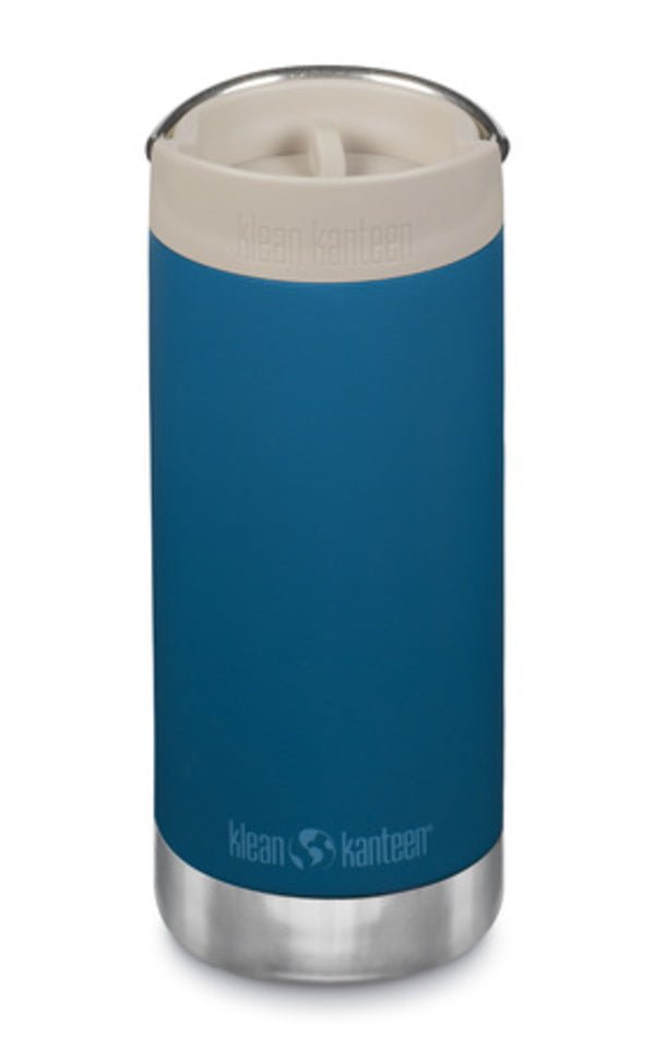 Klean Kanteen TKWide 355 ml Café Cap in Blau mit beigefarbenem Trinkdeckel und Boden aus Stahl