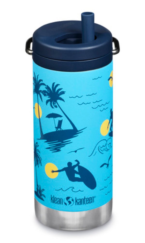 Klean Kanteen TKWide Twist Cap in Blau mit Print von Surfern und Palmen und blauem Strohhalm
