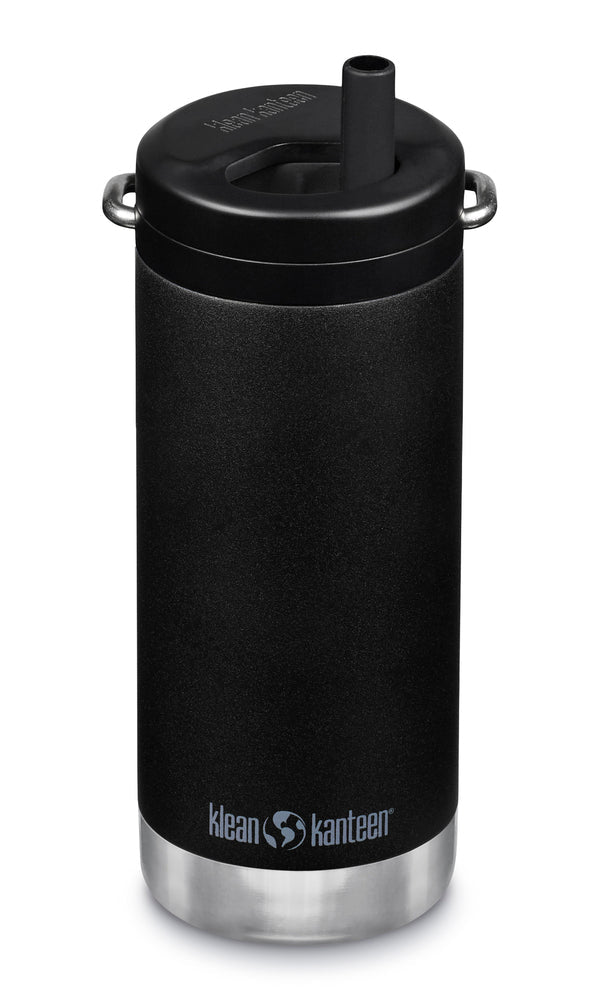 Klean Kanteen TKWide Twist Cap in Schwarz mit Strohhalm und zwei kleinen Trageschlaufen