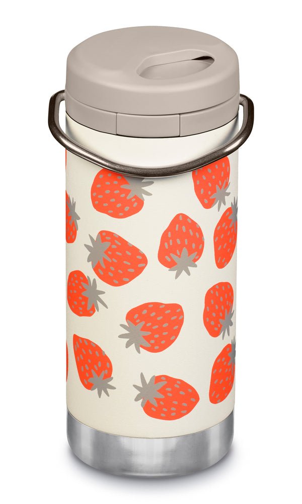 Klean Kanteen TKWide 355 ml Twist Cap mit Erdbeerprint, Tragebügel und beigefarbenem Deckel
