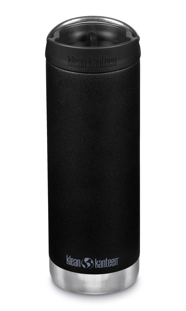 Klean Kanteen TKWide 473 ml mit Café Cap in Schwarz, von vorne mit Logo