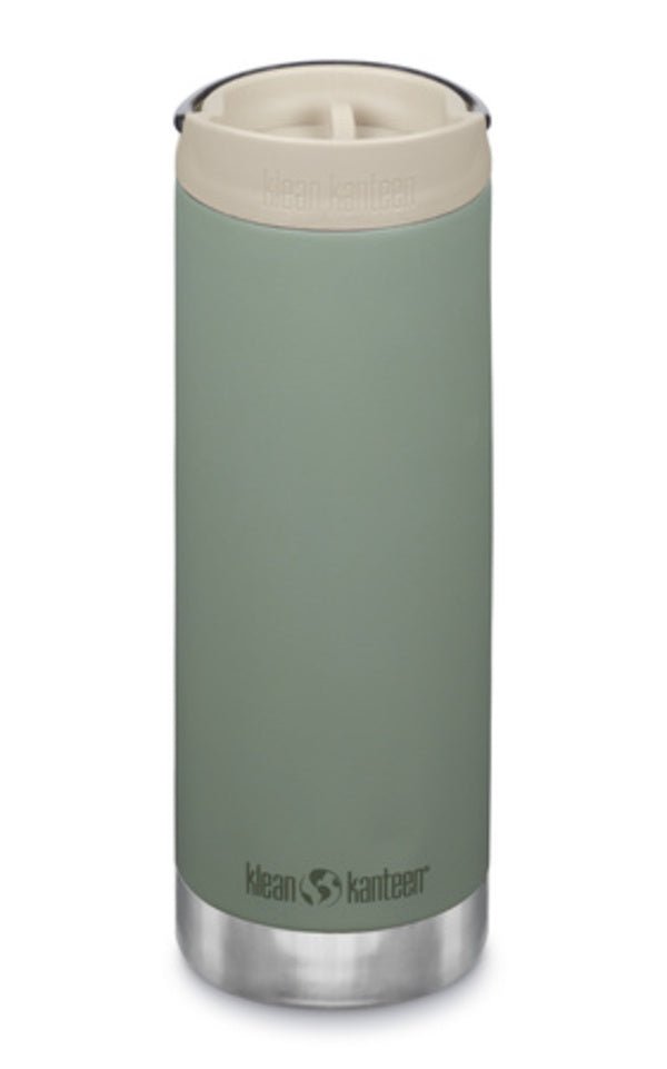 Klean Kanteen TKWide 473 ml in Salbeigrün mit beigefarbener Café Cap und Boden aus Stahl