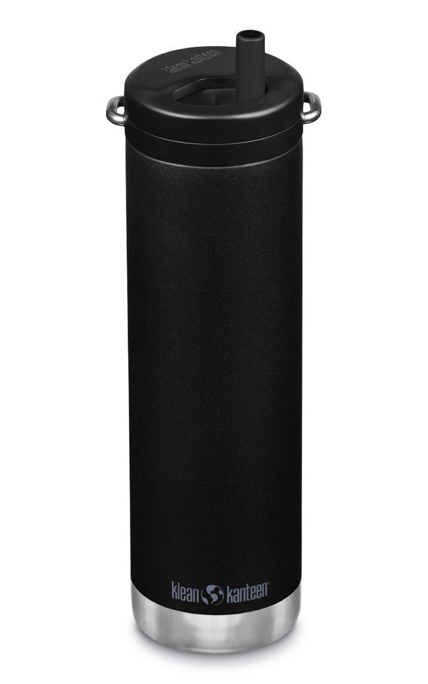 Klean Kanteen TKWide 592 ml Twist Cap in Schwarz mit Strohhalm und zwei kleinen Trageschlaufen