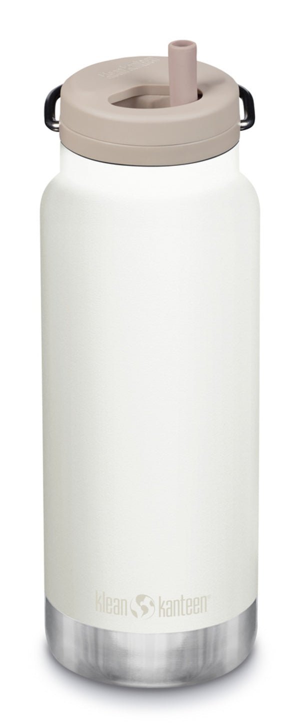 Klean Kanteen TKWide 946 ml in Weiß mit beigefarbener Twist Cap und Strohhalm