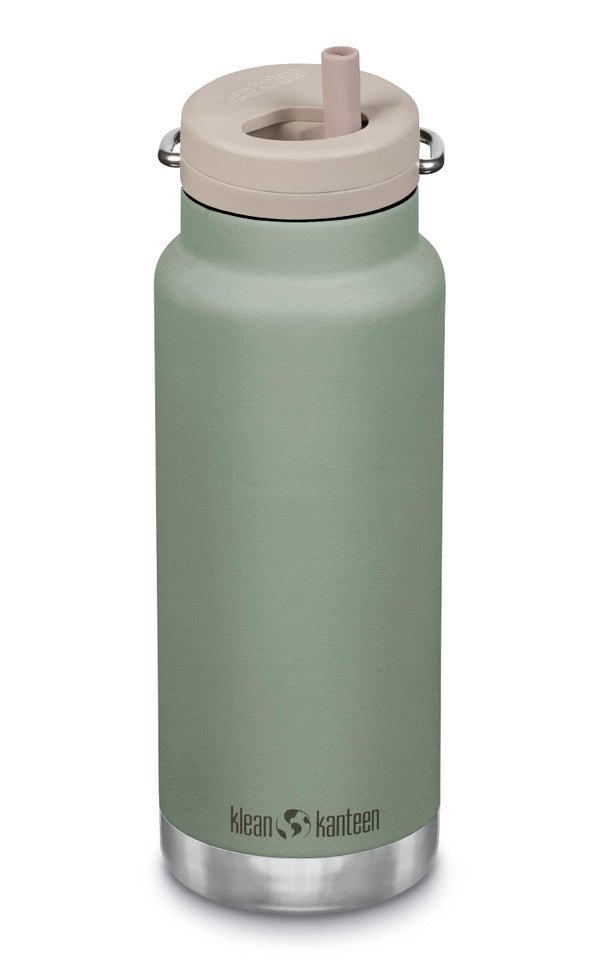 Klean Kanteen TKWide 946 ml in Salbeigrün mit beigefarbener Twist Cap und Strohhalm