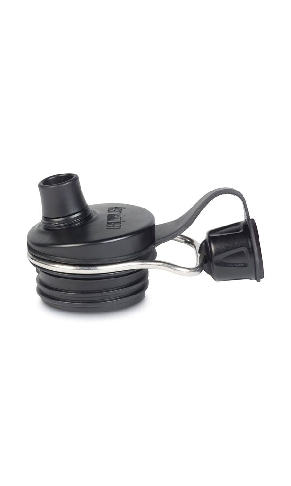Klean Kanteen TKWide Chug Cap in Schwarz mit Trinkschnabel und kleiner Kappe an einer Metallschlaufe