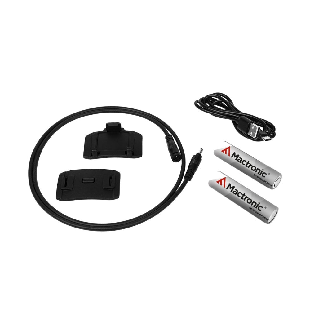 Mactronic Black Eye 1550 Zubehör, zwei Batterien, USB-Kabel, Kabelschalter und zwei Halterungen