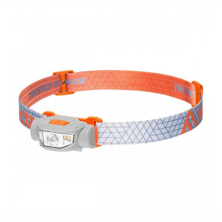 Mactronic Blazer Stirnlampe mit orange-grauem Kopfband, schräg von vorne