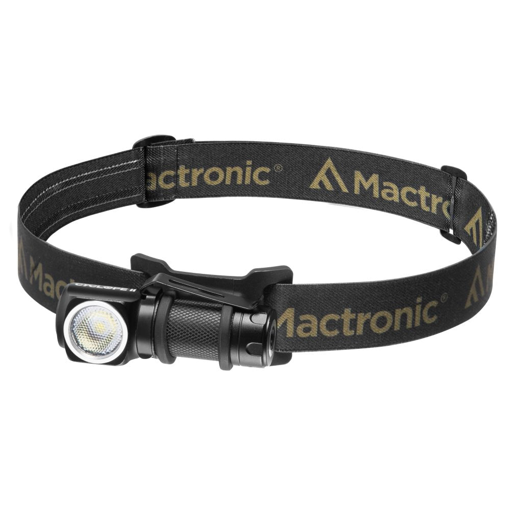 Mactronic Cyclope II Stirnlampe mit schwarzem Kopfband und Winkellampe in der Halterung