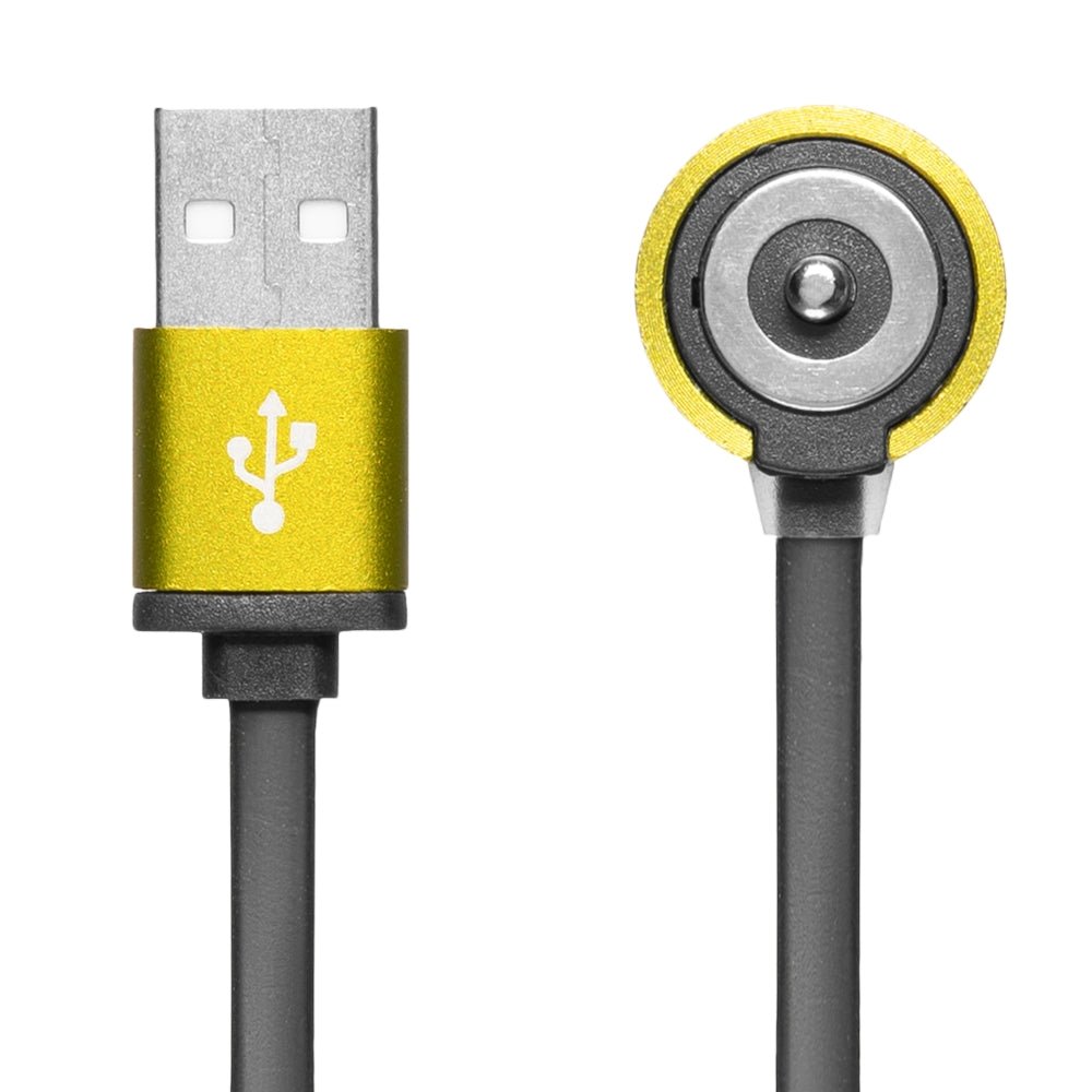 Mactronic Cyclope II Ladekabel mit gelbem USB-Stecker und rundem Ladekopf aus der Nähe