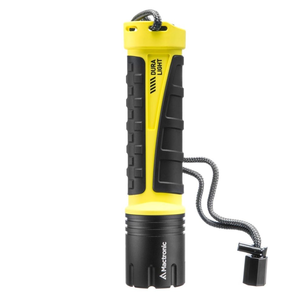 Mactronic Dura Light 920 Taschenlampe in Gelb und Schwarz mit Gummigriff und Kordel mit Kappe