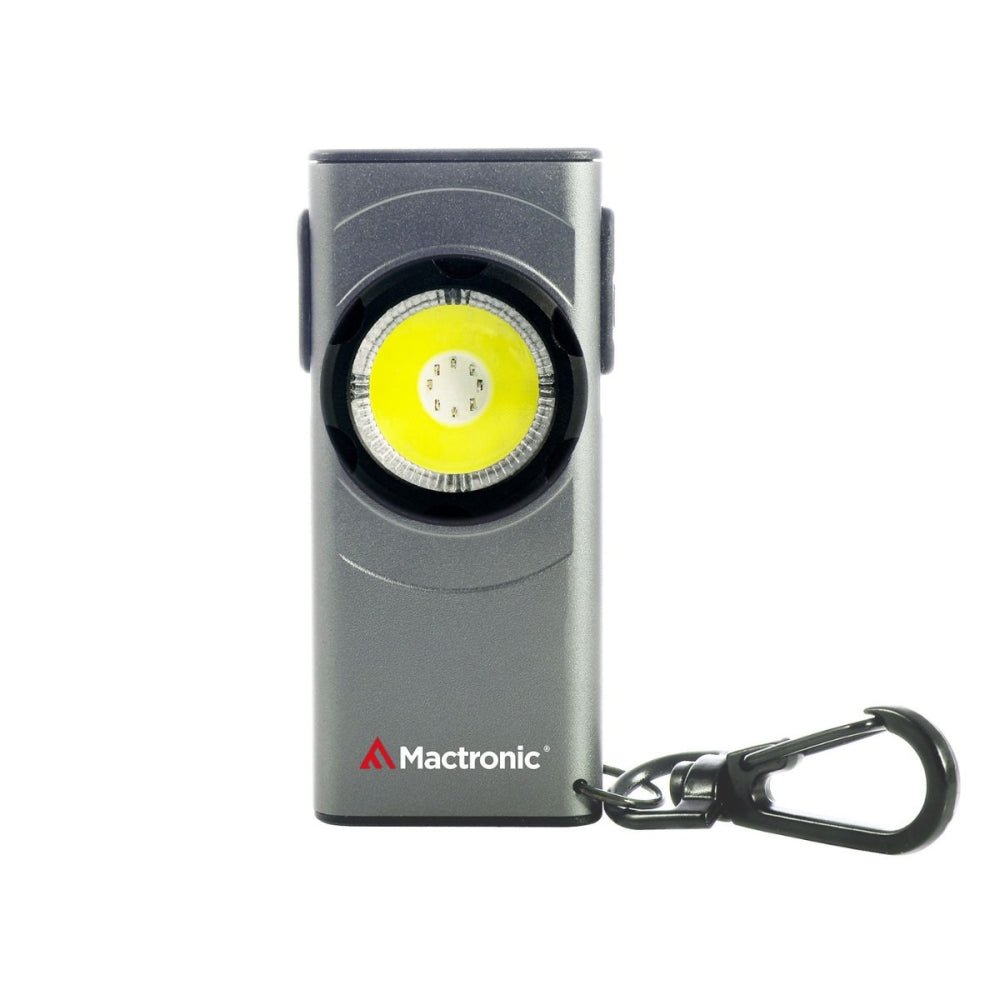Mactronic Flagger Nano von vorne mit der runden Lampe, dem Logo und dem Karabinerhaken