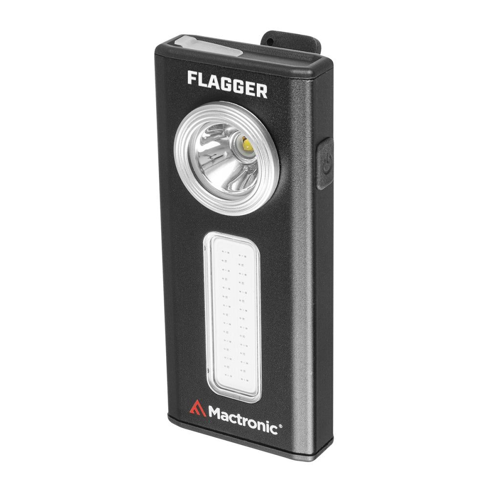 Mactronic Flagger Signallampe in Schwarz mit runder Lampe und LED-Panel, schräg von vorne