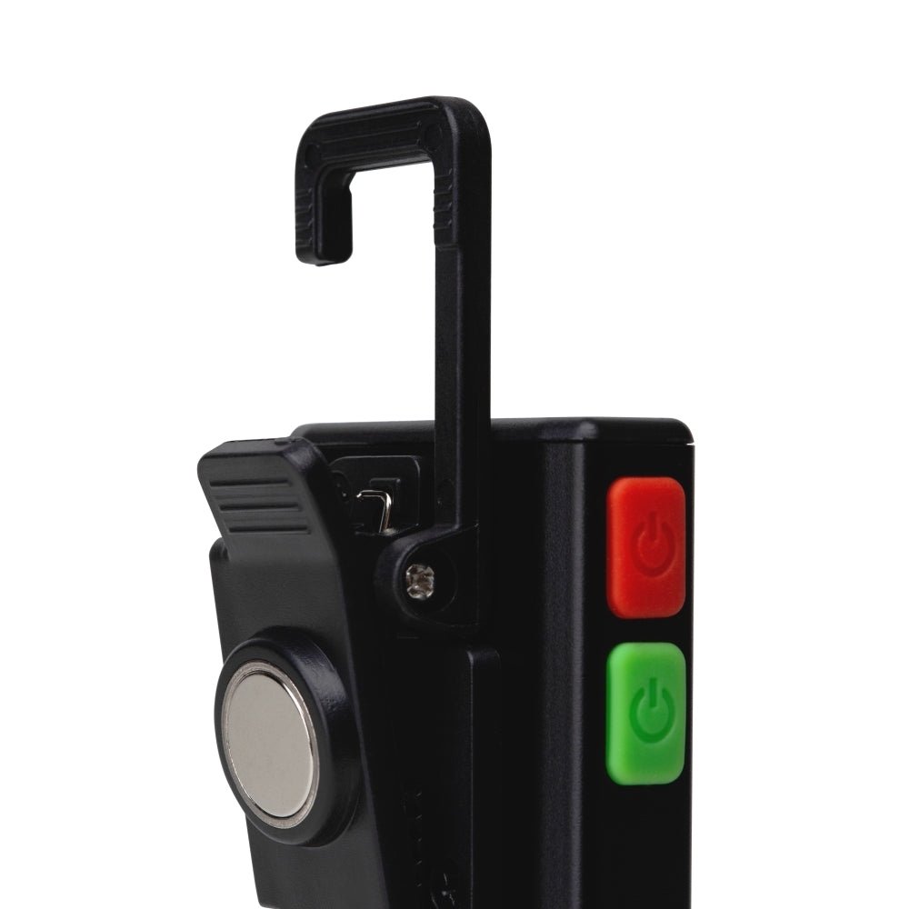 Mactronic Flagger Detail des Aufhängehakens, des Magneten und des roten und grünen Knopfs