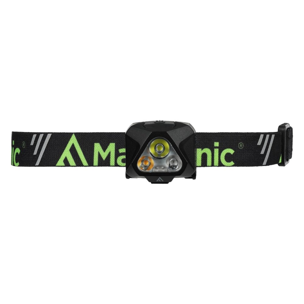 Mactronic Illuma Stirnlampe gerade von vorne mit flach ausgelegtem Kopfband