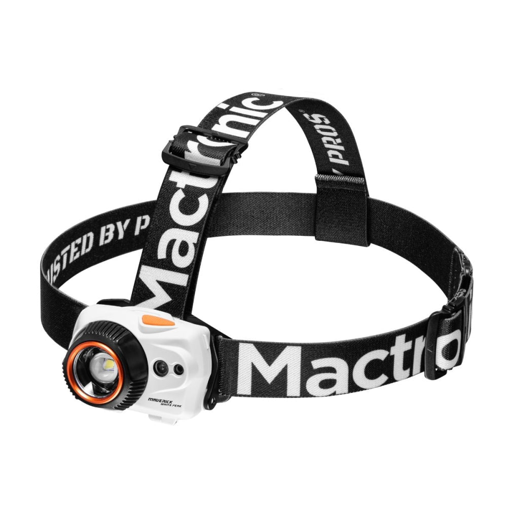 Mactronic Maverick White Peak Stirnlampe in Weiß mit orangefarbenem Linsenring und schwarzem Kopfband mit weißem Aufdruck