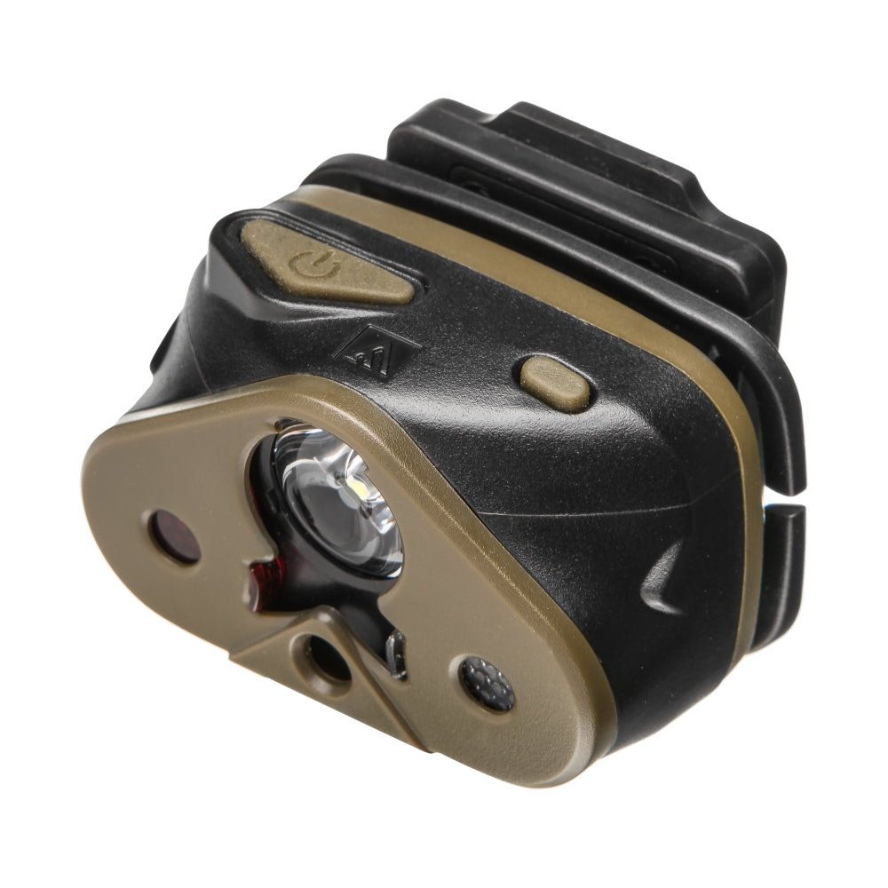 Mactronic Nomad 03 Lampenkopf ohne Band, schräg von vorne mit der LED und den Knöpfen