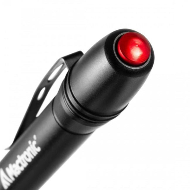Mactronic Sunscan 5.1 Penlight, roter Druckknopf an der Rückseite aus der Nähe