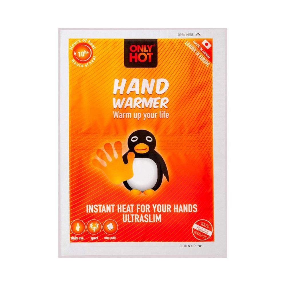 Only Hot Handwärmer in orangefarbener Verpackung mit Pinguin und Aufschrift hand warmer