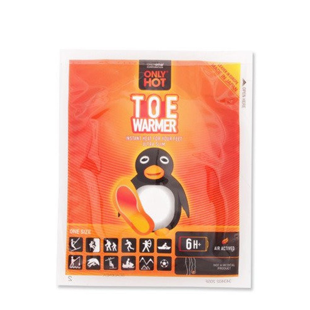 Only Hot Zehenwärmer in orangefarbener Verpackung mit Pinguin und Sport-Piktogrammen