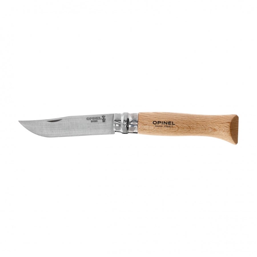 Opinel N°09 Inox aufgeklappt, mit hellem Holzgriff und Aufdruck Opinel